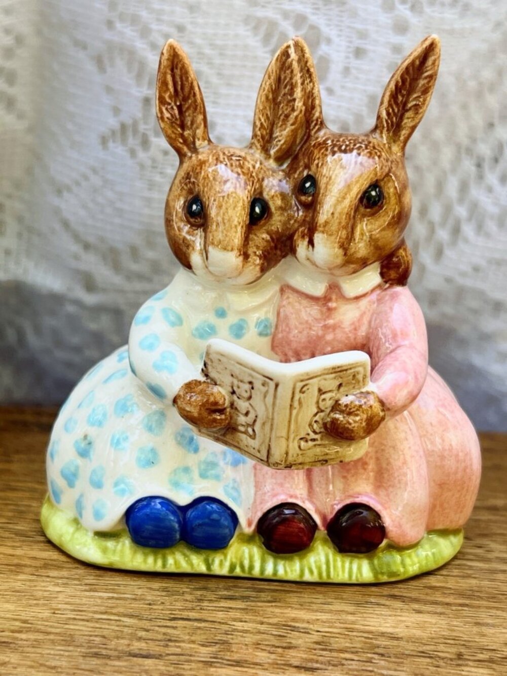 Reading Rabbit Figurine In Pink & Blue Dresses Hand-Painted Royal Doulton